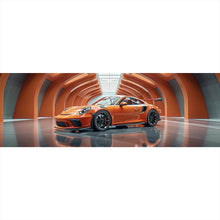 Lade das Bild in den Galerie-Viewer, Aluminiumbild gebürstet Sportwagen in futuristischem orangefarbenen Halle Panorama