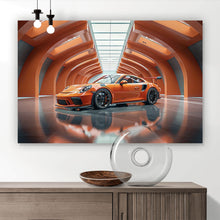 Lade das Bild in den Galerie-Viewer, Leinwandbild Sportwagen in futuristischem orangefarbenen Halle Querformat