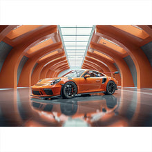 Lade das Bild in den Galerie-Viewer, Leinwandbild Sportwagen in futuristischem orangefarbenen Halle Querformat