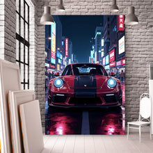 Lade das Bild in den Galerie-Viewer, Aluminiumbild Sportwagen in leuchtender Nachtkulisse Hochformat