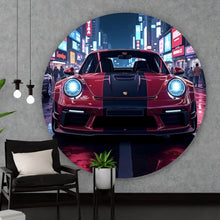 Lade das Bild in den Galerie-Viewer, Aluminiumbild gebürstet Sportwagen in leuchtender Nachtkulisse Kreis