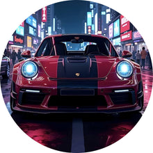Lade das Bild in den Galerie-Viewer, Aluminiumbild gebürstet Sportwagen in leuchtender Nachtkulisse Kreis