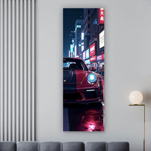Lade das Bild in den Galerie-Viewer, Aluminiumbild gebürstet Sportwagen in leuchtender Nachtkulisse Panorama Hoch