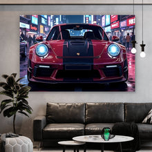 Lade das Bild in den Galerie-Viewer, Acrylglasbild Sportwagen in leuchtender Nachtkulisse Querformat