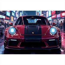 Lade das Bild in den Galerie-Viewer, Aluminiumbild gebürstet Sportwagen in leuchtender Nachtkulisse Querformat