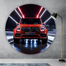 Lade das Bild in den Galerie-Viewer, Aluminiumbild gebürstet Sportwagen mit futuristischen Lichteffekten bei Nacht Kreis