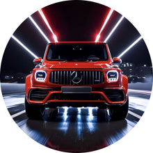 Lade das Bild in den Galerie-Viewer, Aluminiumbild gebürstet Sportwagen mit futuristischen Lichteffekten bei Nacht Kreis