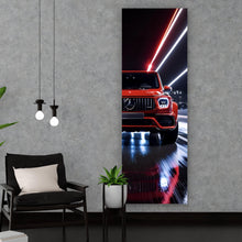 Lade das Bild in den Galerie-Viewer, Acrylglasbild Sportwagen mit futuristischen Lichteffekten bei Nacht Panorama Hoch