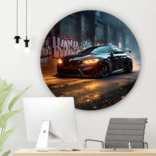 Lade das Bild in den Galerie-Viewer, Aluminiumbild gebürstet Sportwagen vor Graffiti Wand Kreis