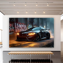 Lade das Bild in den Galerie-Viewer, Aluminiumbild Sportwagen vor Graffiti Wand Querformat