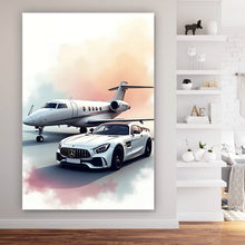 Lade das Bild in den Galerie-Viewer, Spannrahmenbild Stilvolle Darstellung eines Privatjets und eines Luxusautos Hochformat