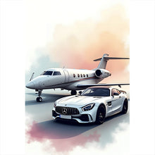 Lade das Bild in den Galerie-Viewer, Acrylglasbild Stilvolle Darstellung eines Privatjets und eines Luxusautos Hochformat