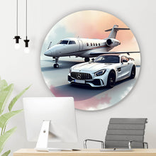 Lade das Bild in den Galerie-Viewer, Aluminiumbild gebürstet Stilvolle Darstellung eines Privatjets und eines Luxusautos Kreis