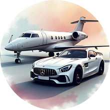 Lade das Bild in den Galerie-Viewer, Aluminiumbild Stilvolle Darstellung eines Privatjets und eines Luxusautos Kreis