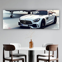 Lade das Bild in den Galerie-Viewer, Aluminiumbild gebürstet Stilvolle Darstellung eines Privatjets und eines Luxusautos Panorama