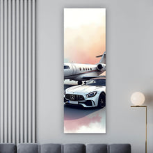 Lade das Bild in den Galerie-Viewer, Spannrahmenbild Stilvolle Darstellung eines Privatjets und eines Luxusautos Panorama Hoch