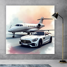 Lade das Bild in den Galerie-Viewer, Aluminiumbild gebürstet Stilvolle Darstellung eines Privatjets und eines Luxusautos Quadrat