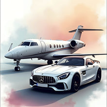 Lade das Bild in den Galerie-Viewer, Aluminiumbild Stilvolle Darstellung eines Privatjets und eines Luxusautos Quadrat