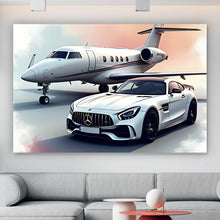 Lade das Bild in den Galerie-Viewer, Aluminiumbild gebürstet Stilvolle Darstellung eines Privatjets und eines Luxusautos Querformat