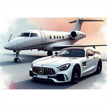 Lade das Bild in den Galerie-Viewer, Aluminiumbild gebürstet Stilvolle Darstellung eines Privatjets und eines Luxusautos Querformat