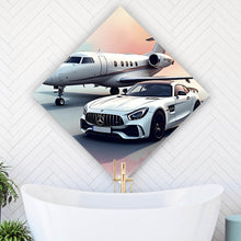 Lade das Bild in den Galerie-Viewer, Spannrahmenbild Stilvolle Darstellung eines Privatjets und eines Luxusautos Raute