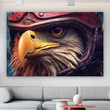 Lade das Bild in den Galerie-Viewer, Aluminiumbild gebürstet Stolzer Adler in Lederjacke und Helm Querformat