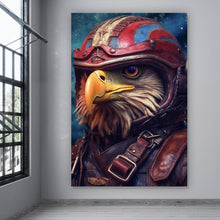 Lade das Bild in den Galerie-Viewer, Aluminiumbild Stolzer Adler in Lederjacke und Helm Hochformat