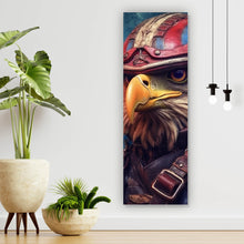 Lade das Bild in den Galerie-Viewer, Leinwandbild Stolzer Adler in Lederjacke und Helm Panorama Hoch