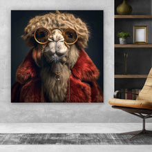Lade das Bild in den Galerie-Viewer, Aluminiumbild gebürstet Stylisches Kamel mit Brille und rotem Mantel Quadrat