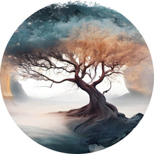Lade das Bild in den Galerie-Viewer, Aluminiumbild gebürstet Surrealer Baum im Nebel Kreis