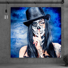 Lade das Bild in den Galerie-Viewer, Aluminiumbild gebürstet Tattoo La Catrina Blue Quadrat