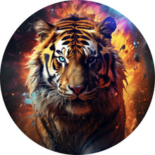Lade das Bild in den Galerie-Viewer, Aluminiumbild gebürstet Tiger Portrait mit dynamischen Hintergrund Kreis