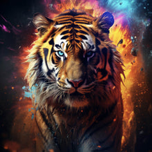 Lade das Bild in den Galerie-Viewer, Aluminiumbild Tiger Portrait mit dynamischen Hintergrund Quadrat