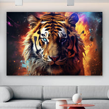 Lade das Bild in den Galerie-Viewer, Aluminiumbild gebürstet Tiger Portrait mit dynamischen Hintergrund Querformat