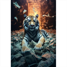 Lade das Bild in den Galerie-Viewer, Spannrahmenbild Tiger schwimmt in Geldscheinen Hochformat