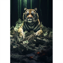 Lade das Bild in den Galerie-Viewer, Aluminiumbild Tiger thront auf Geldscheinen Hochformat