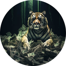 Lade das Bild in den Galerie-Viewer, Aluminiumbild gebürstet Tiger thront auf Geldscheinen Kreis