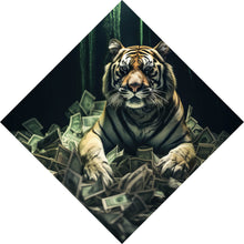 Lade das Bild in den Galerie-Viewer, Acrylglasbild Tiger thront auf Geldscheinen Raute