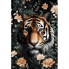 Lade das Bild in den Galerie-Viewer, Acrylglasbild Tigerkopf in exotischen Pflanzen Hochformat