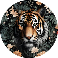 Lade das Bild in den Galerie-Viewer, Aluminiumbild gebürstet Tigerkopf in exotischen Pflanzen Kreis