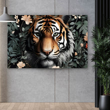 Lade das Bild in den Galerie-Viewer, Aluminiumbild gebürstet Tigerkopf in exotischen Pflanzen Querformat