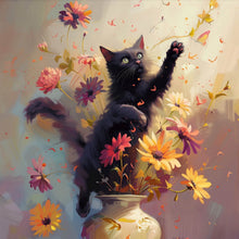 Lade das Bild in den Galerie-Viewer, Acrylglasbild Verspielte Katze zwischen Blumen Quadrat