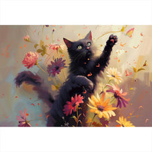 Lade das Bild in den Galerie-Viewer, Aluminiumbild Verspielte Katze zwischen Blumen Querformat