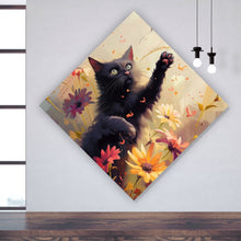 Lade das Bild in den Galerie-Viewer, Aluminiumbild Verspielte Katze zwischen Blumen Raute