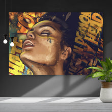 Lade das Bild in den Galerie-Viewer, Aluminiumbild gebürstet Verträumtes Porträt in Graffiti Kunst Querformat