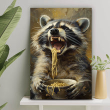 Lade das Bild in den Galerie-Viewer, Aluminiumbild gebürstet Waschbär beim Essen im Vintagestil Hochformat