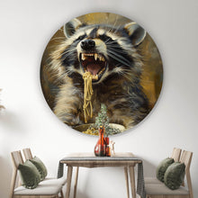 Lade das Bild in den Galerie-Viewer, Aluminiumbild gebürstet Waschbär beim Essen im Vintagestil Kreis