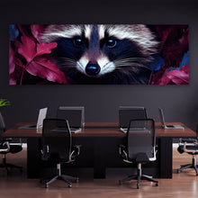 Lade das Bild in den Galerie-Viewer, Aluminiumbild gebürstet Waschbär zwischen Blättern Panorama