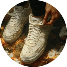 Lade das Bild in den Galerie-Viewer, Aluminiumbild gebürstet Weiße Sneaker auf glühendem blumenbedecktem Boden Kreis
