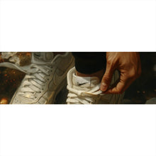 Lade das Bild in den Galerie-Viewer, Leinwandbild Weiße Sneaker auf glühendem blumenbedecktem Boden Panorama